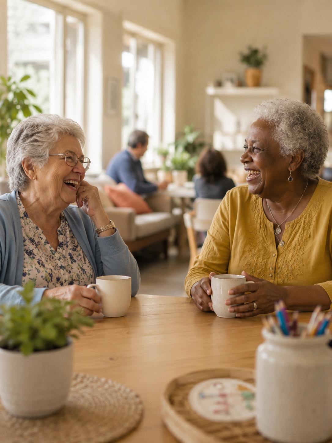 A staff member and a smiling adult participant during an art activity