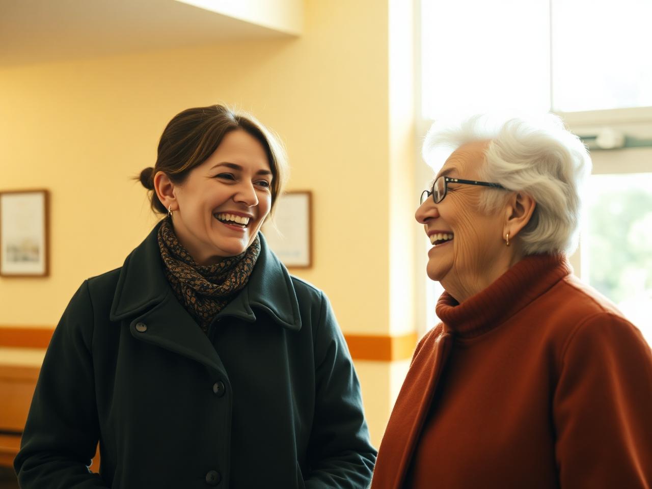 A daughter and her mother laughing together in the bright lobby of the day center
