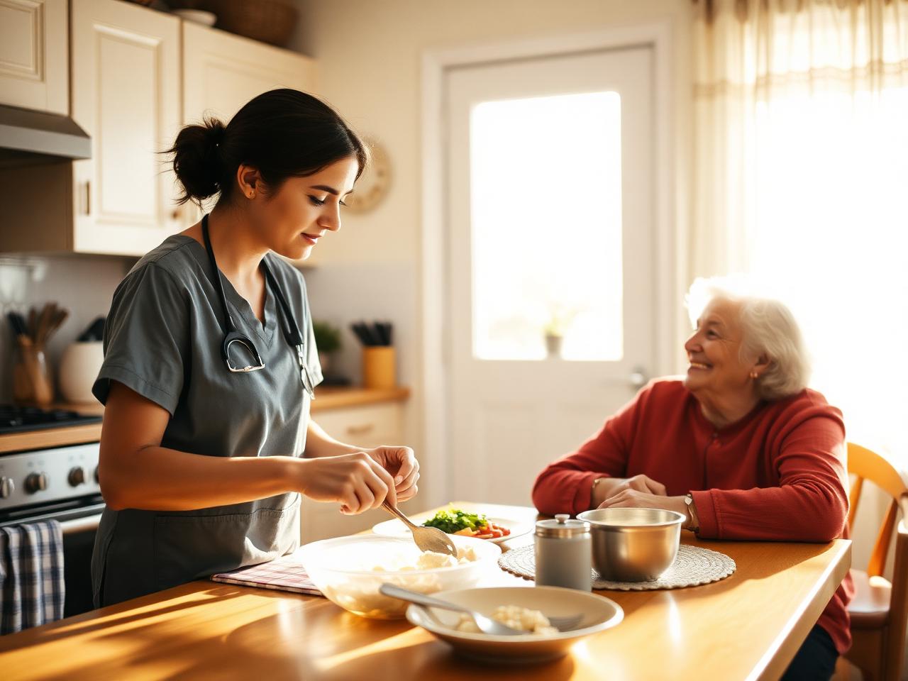 A caregiver preparing a meal in a client's kitchen while she sits at the table talking with him