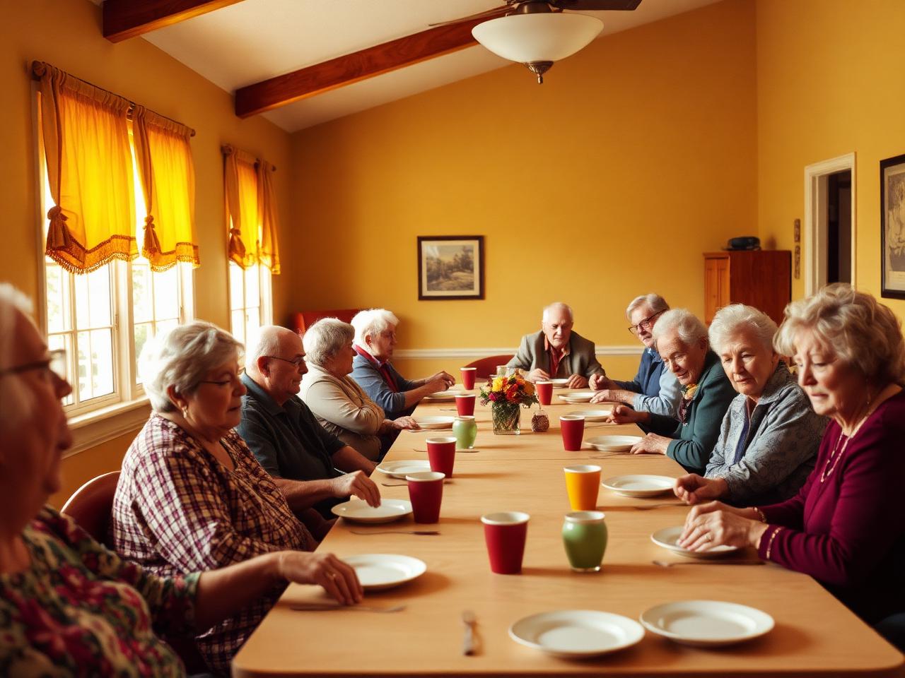 Participants and staff sharing a meal around a long table in the sunny dining room