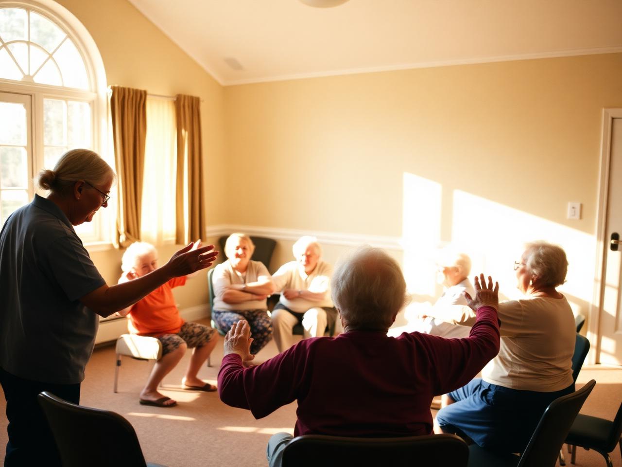 Participants in a circle following a staff member through gentle seated stretches