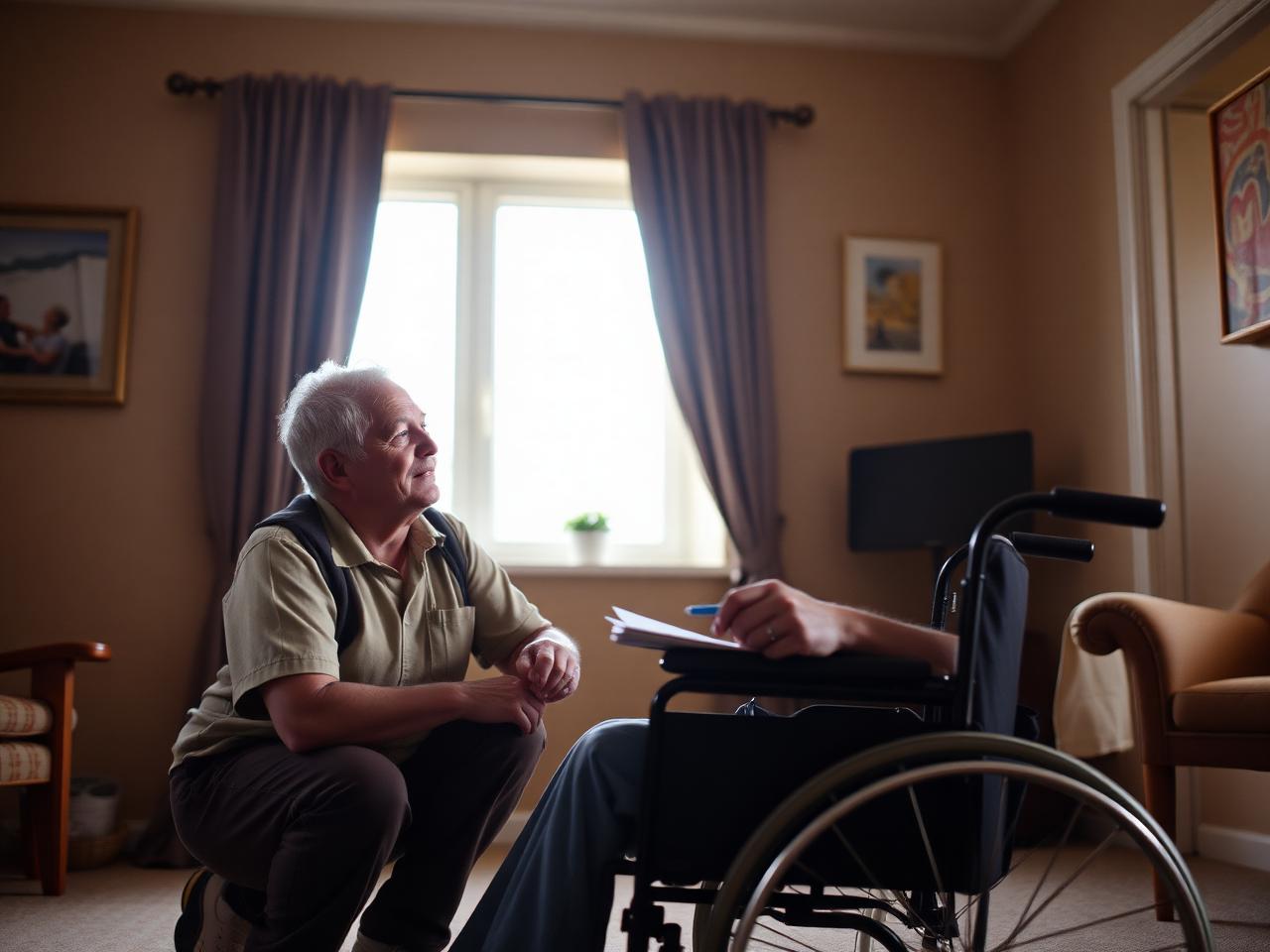 A staff member kneeling beside a seated participant, listening and taking notes on a care plan