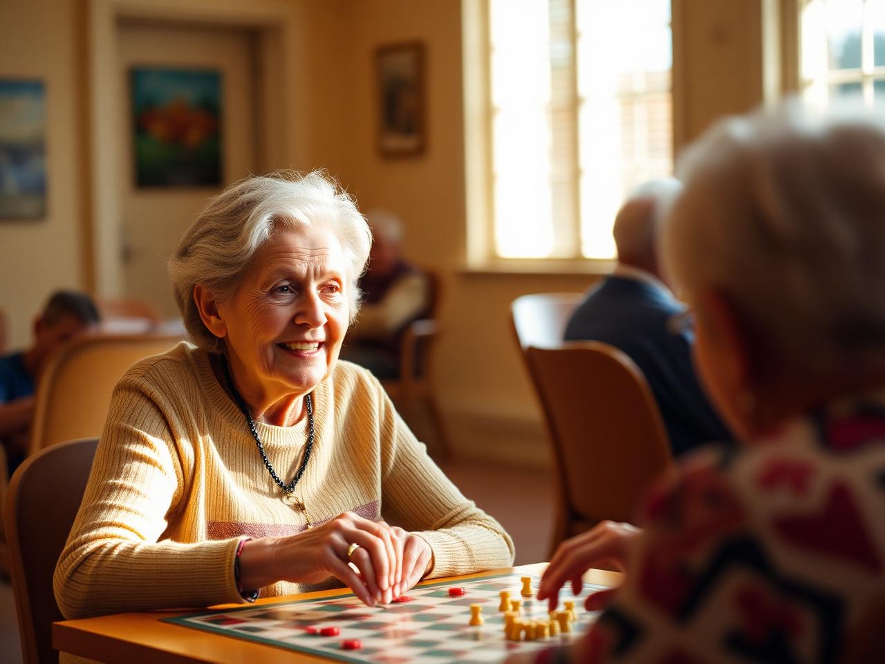 An older woman smiling while playing a board game with another participant in a sunlit community room